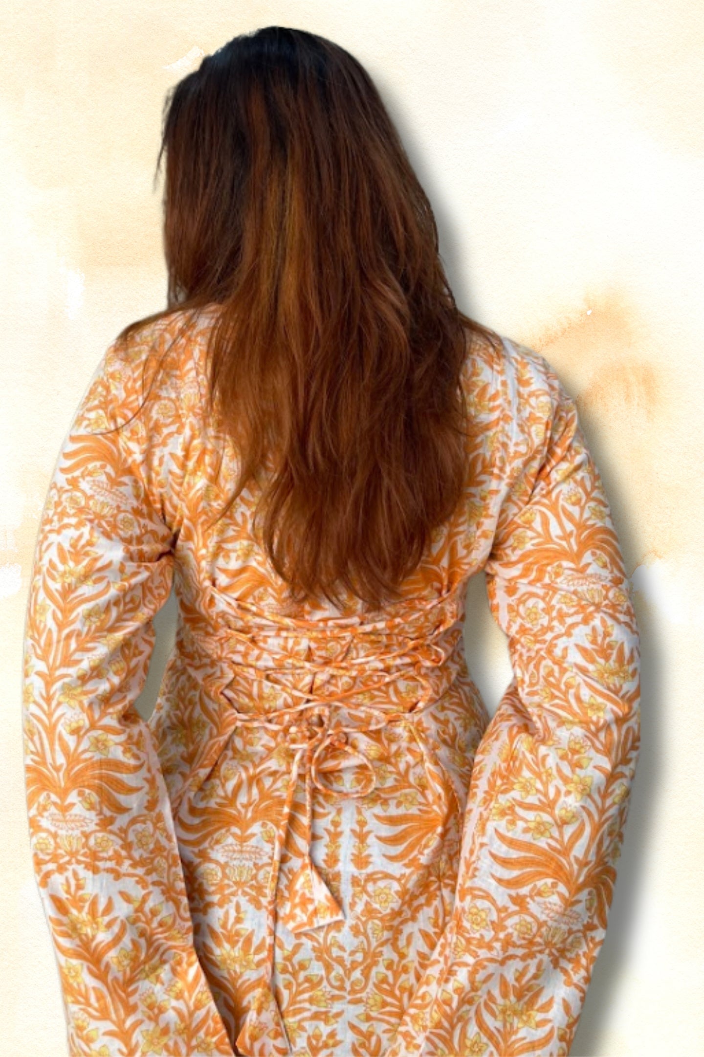 Orange Floral Cotton Sweetheart Neckline Short Kurti for Women – Corset Back Detail | Sizes XS to L