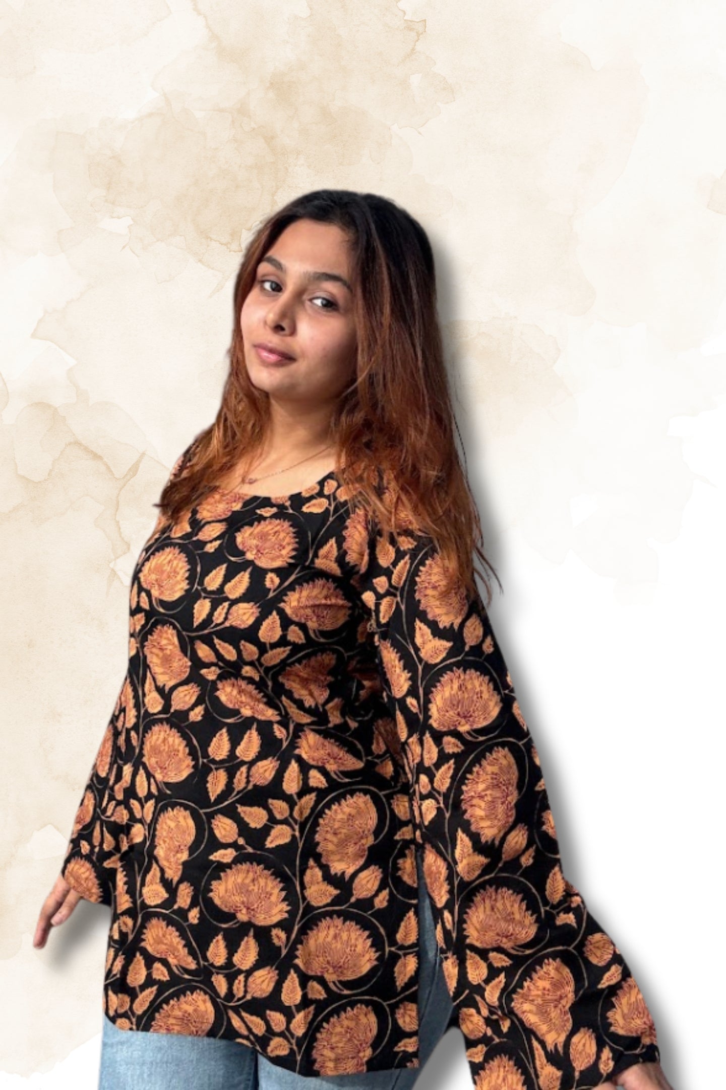 Black Floral Cotton Top for Women – Round Neck Deep Back with Bell Sleeves | Sizes M to L