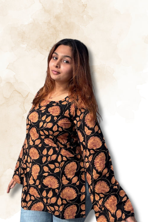Black Floral Cotton Top for Women – Round Neck Deep Back with Bell Sleeves | Sizes M to L