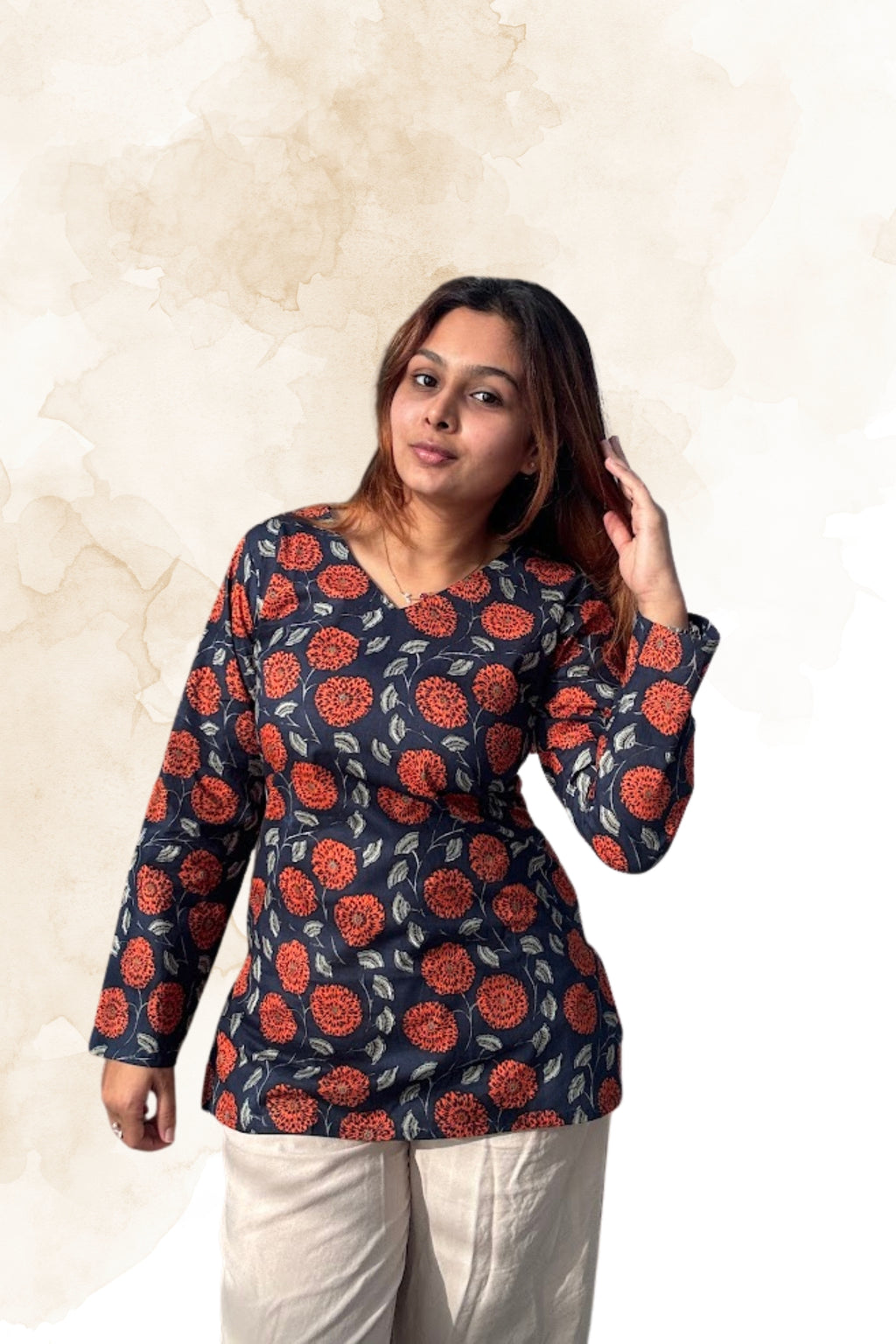 Navy Blue Floral Cotton Top for Women – V-Neck Full Sleeve Printed Top | Sizes XS to L