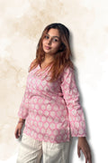 Pink Leaf Print Cotton Top for Women – V-Neck Full Sleeve Casual Top | Sizes XS to M