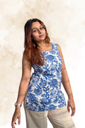 Blue Floral Cotton Sleeveless Top for Women – Round Neck with Deep Back Design | Sizes XS to M