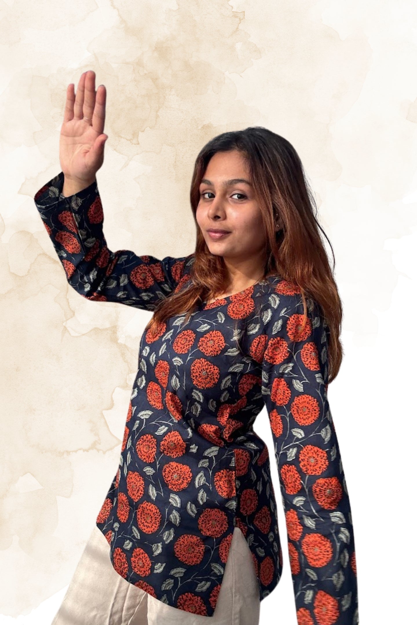 Navy Blue Floral Cotton Top for Women – V-Neck Full Sleeve Printed Top | Sizes XS to L