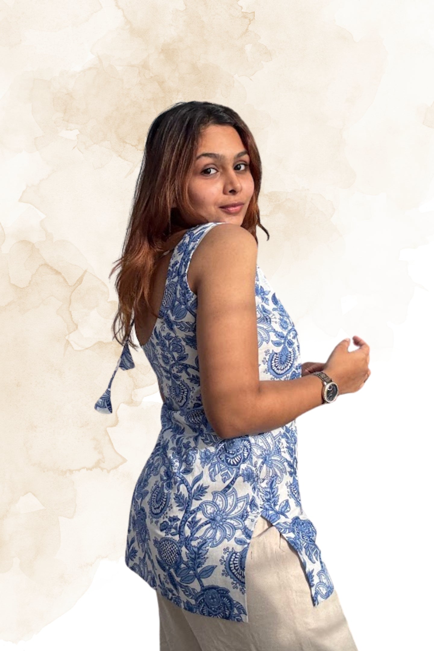Blue Floral Cotton Sleeveless Top for Women – Round Neck with Deep Back Design | Sizes XS to M