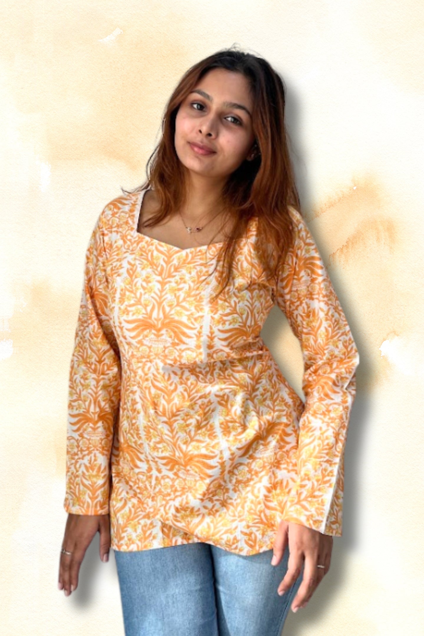 Orange Floral Cotton Sweetheart Neckline Short Kurti for Women – Corset Back Detail | Sizes XS to L