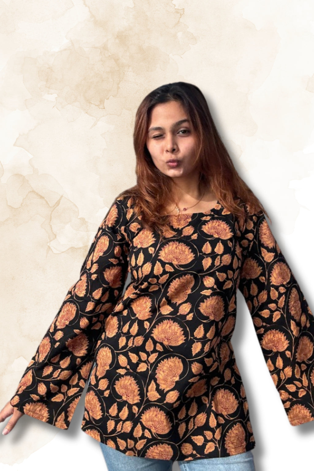 Black Floral Cotton Top for Women – Round Neck Deep Back with Bell Sleeves | Sizes M to L