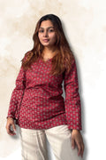 Maroon Block Print Cotton Top for Women – V-Neck Full Sleeve Casual Top | Sizes XS to S