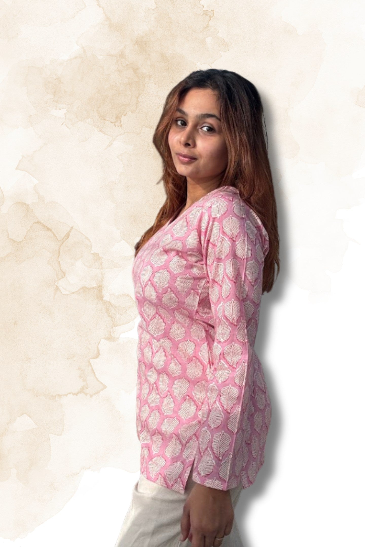 Pink Leaf Print Cotton Top for Women – V-Neck Full Sleeve Casual Top | Sizes XS to M