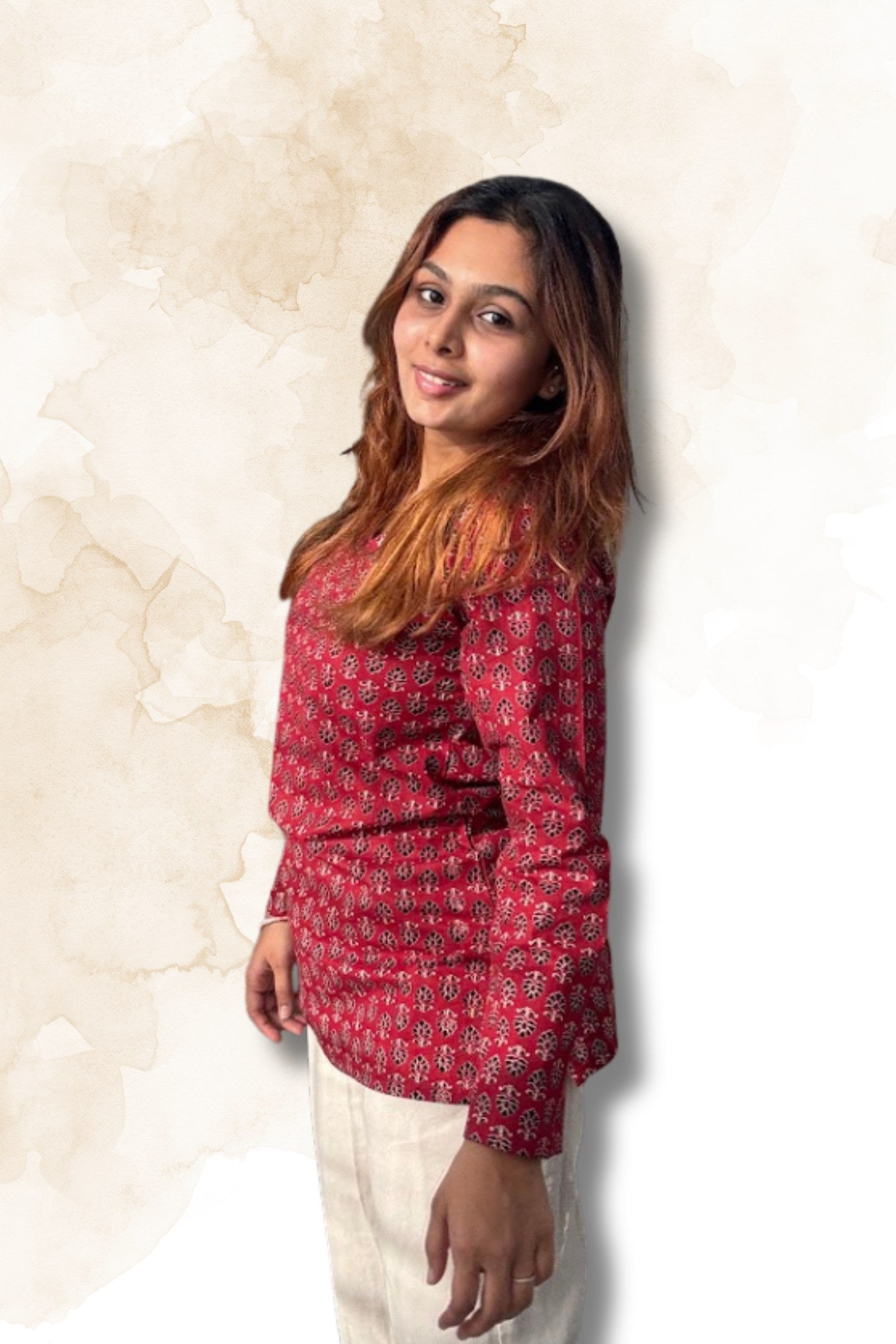 Maroon Block Print Cotton Top for Women – V-Neck Full Sleeve Casual Top | Sizes XS to S