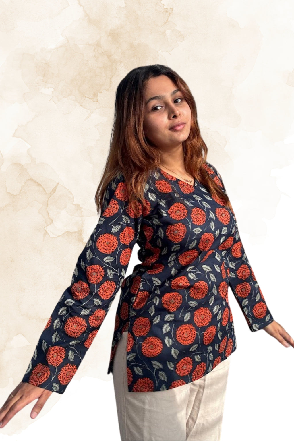 Navy Blue Floral Cotton Top for Women – V-Neck Full Sleeve Printed Top | Sizes XS to L
