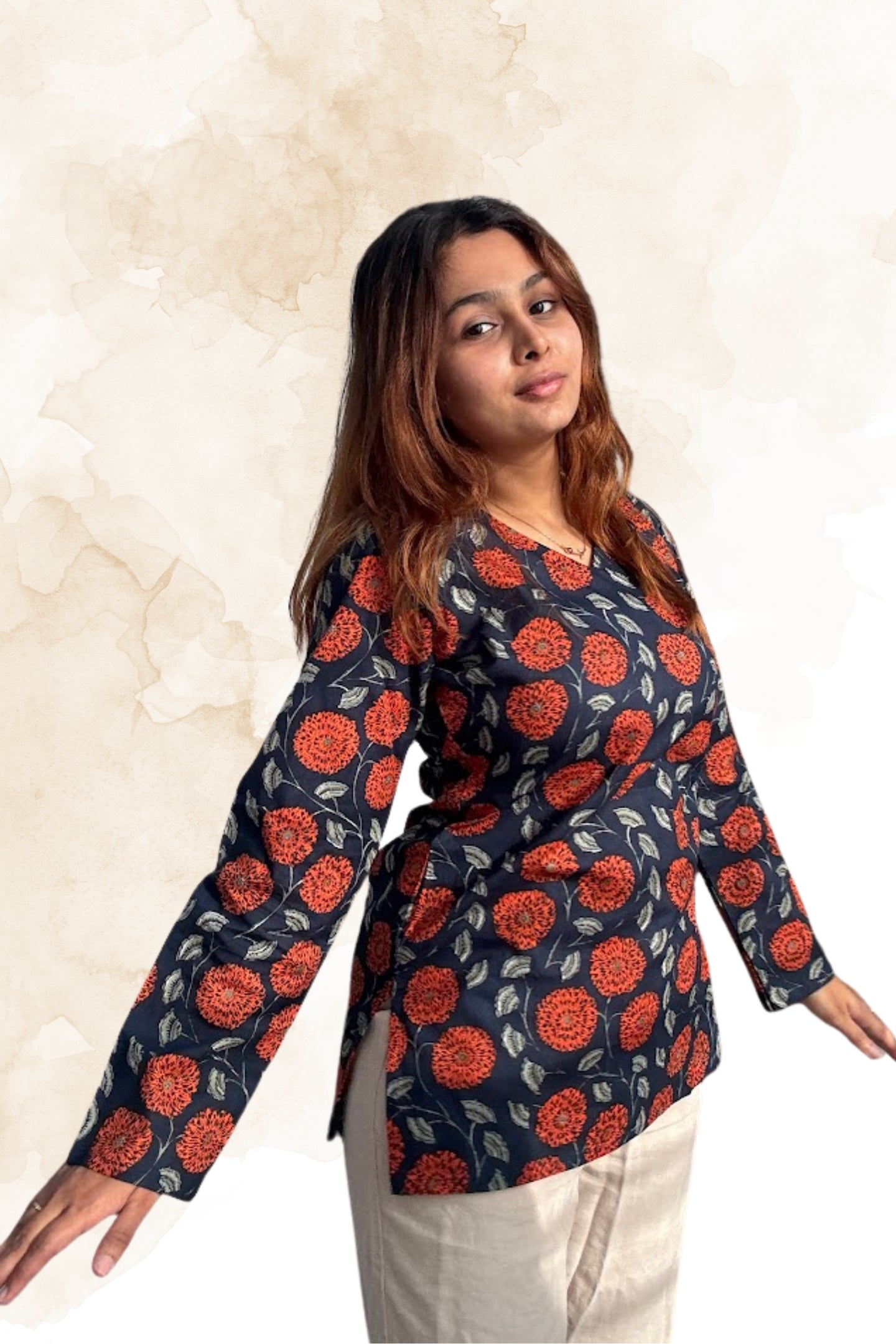 Navy Blue Floral Cotton Top for Women – V-Neck Full Sleeve Printed Top | Sizes XS to L