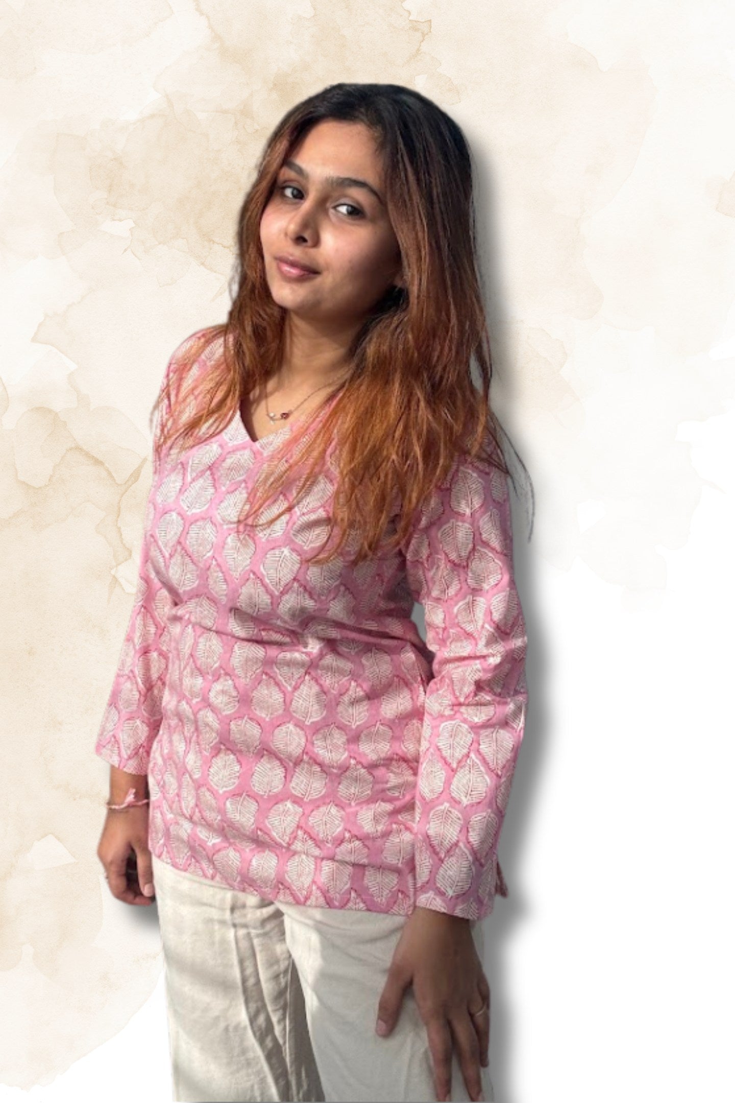 Pink Leaf Print Cotton Top for Women – V-Neck Full Sleeve Casual Top | Sizes XS to M