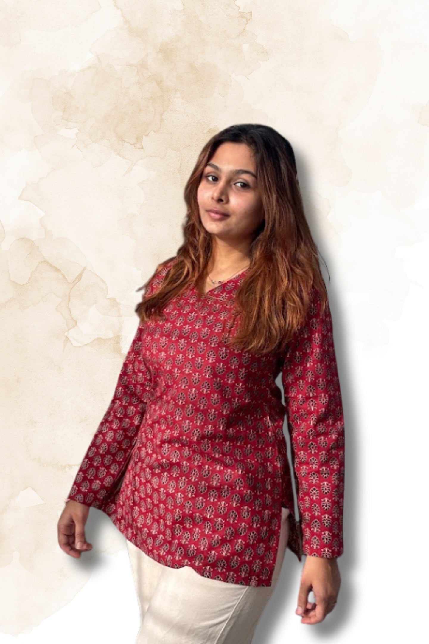 Maroon Block Print Cotton Top for Women – V-Neck Full Sleeve Casual Top | Sizes XS to S
