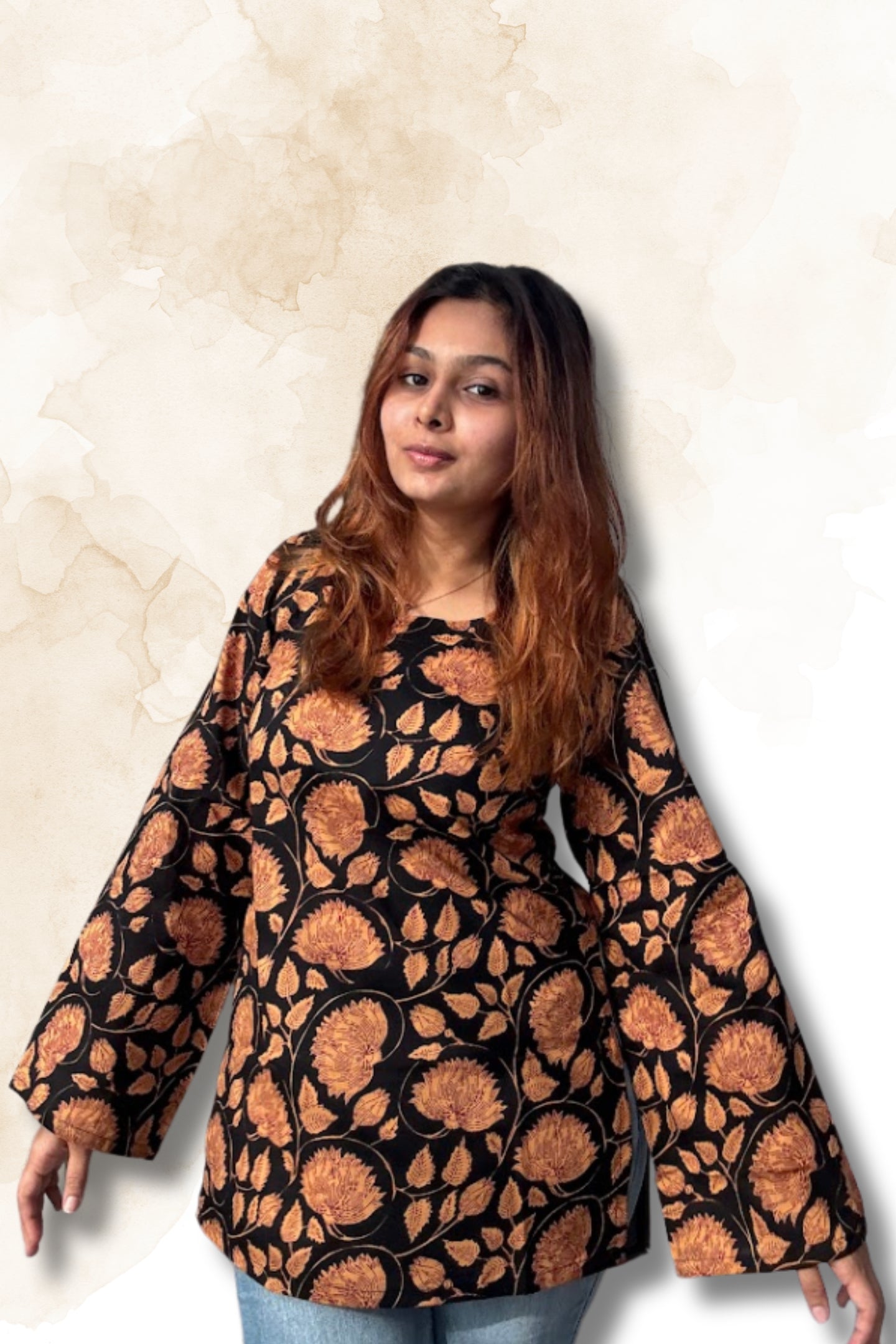 Black Floral Cotton Top for Women – Round Neck Deep Back with Bell Sleeves | Sizes M to L
