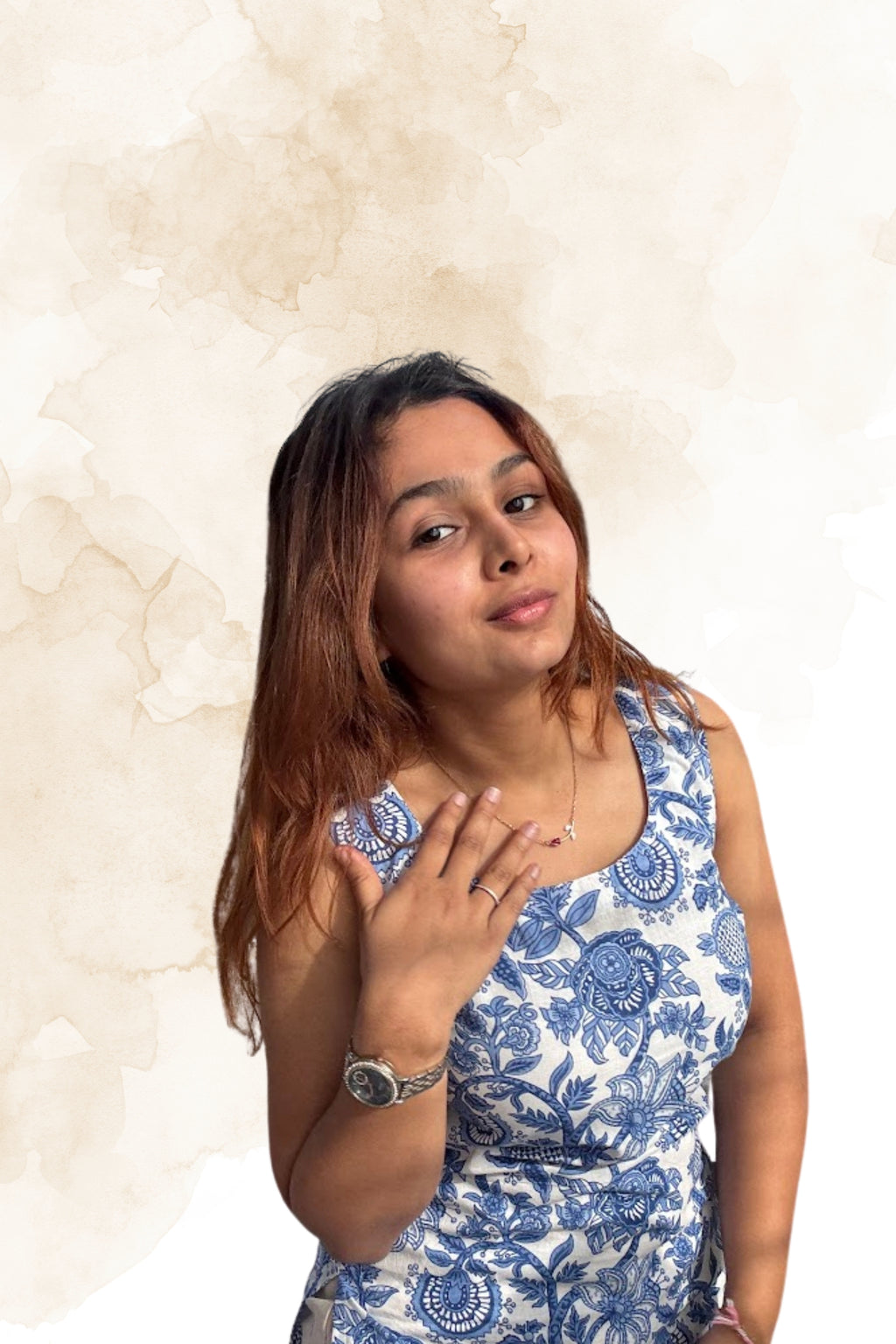 Blue Floral Cotton Sleeveless Top for Women – Round Neck with Deep Back Design | Sizes XS to M