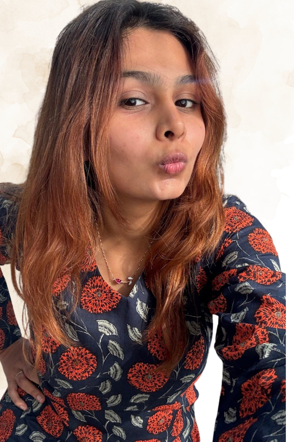 Navy Blue Floral Cotton Top for Women – V-Neck Full Sleeve Printed Top | Sizes XS to L