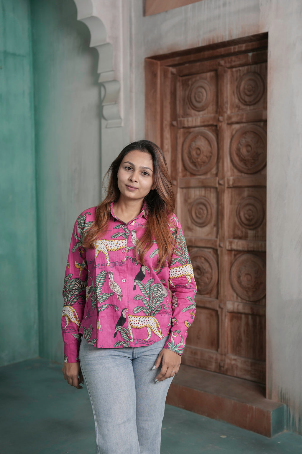 Pink Safari Cotton Printed Shirt for Women – Pink Tropical & Wildlife Print Design | Sizes M to 3XL