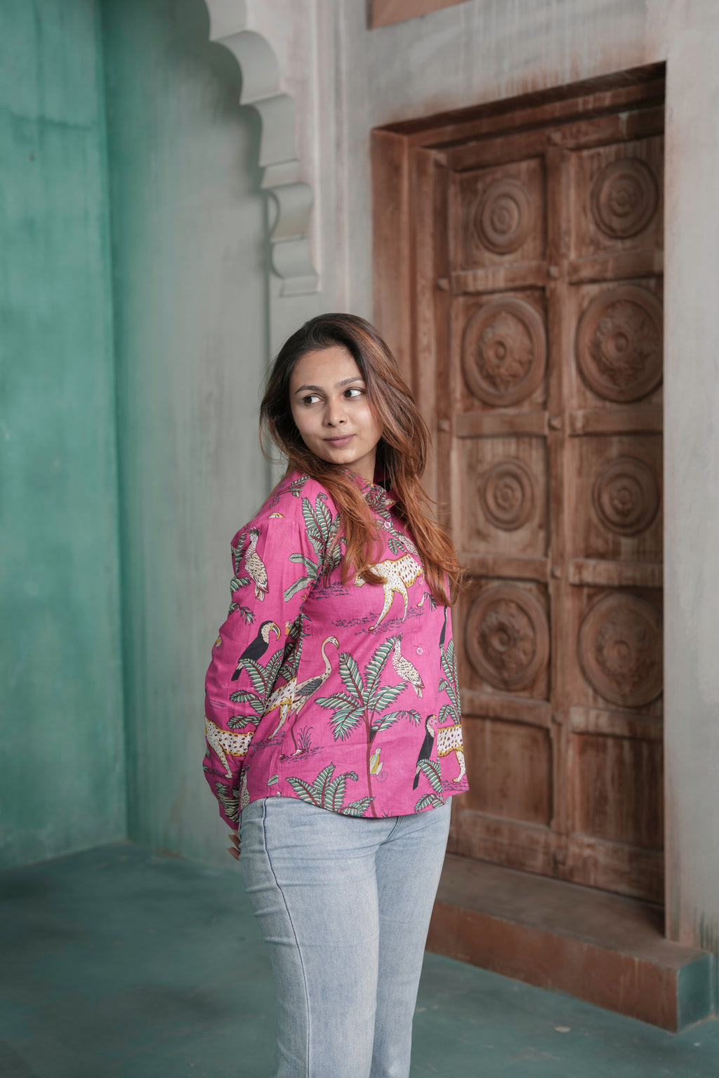Pink Safari Cotton Printed Shirt for Women – Pink Tropical & Wildlife Print Design | Sizes M to 3XL