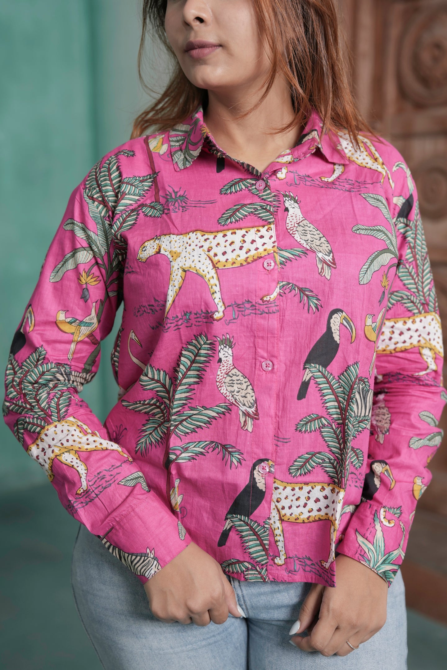 Pink Safari Cotton Printed Shirt for Women – Pink Tropical & Wildlife Print Design | Sizes M to 3XL