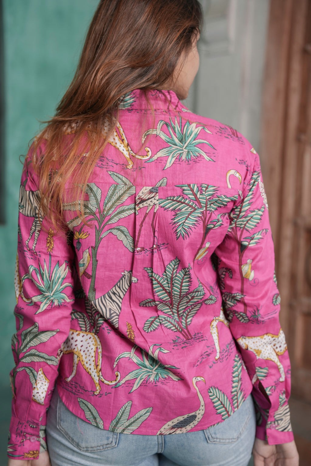 Pink Safari Cotton Printed Shirt for Women – Pink Tropical & Wildlife Print Design | Sizes M to 3XL