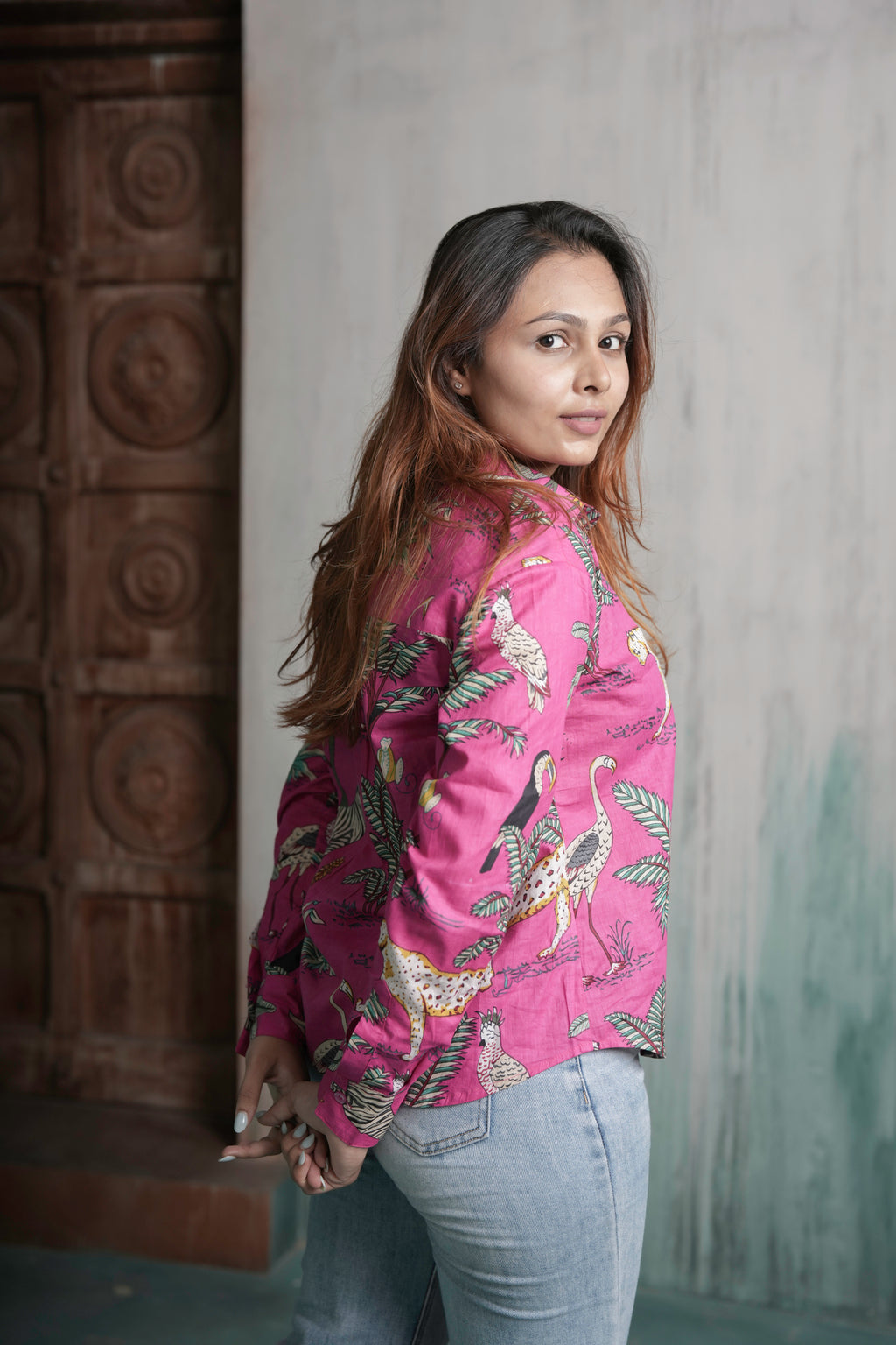 Pink Safari Cotton Printed Shirt for Women – Pink Tropical & Wildlife Print Design | Sizes M to 3XL
