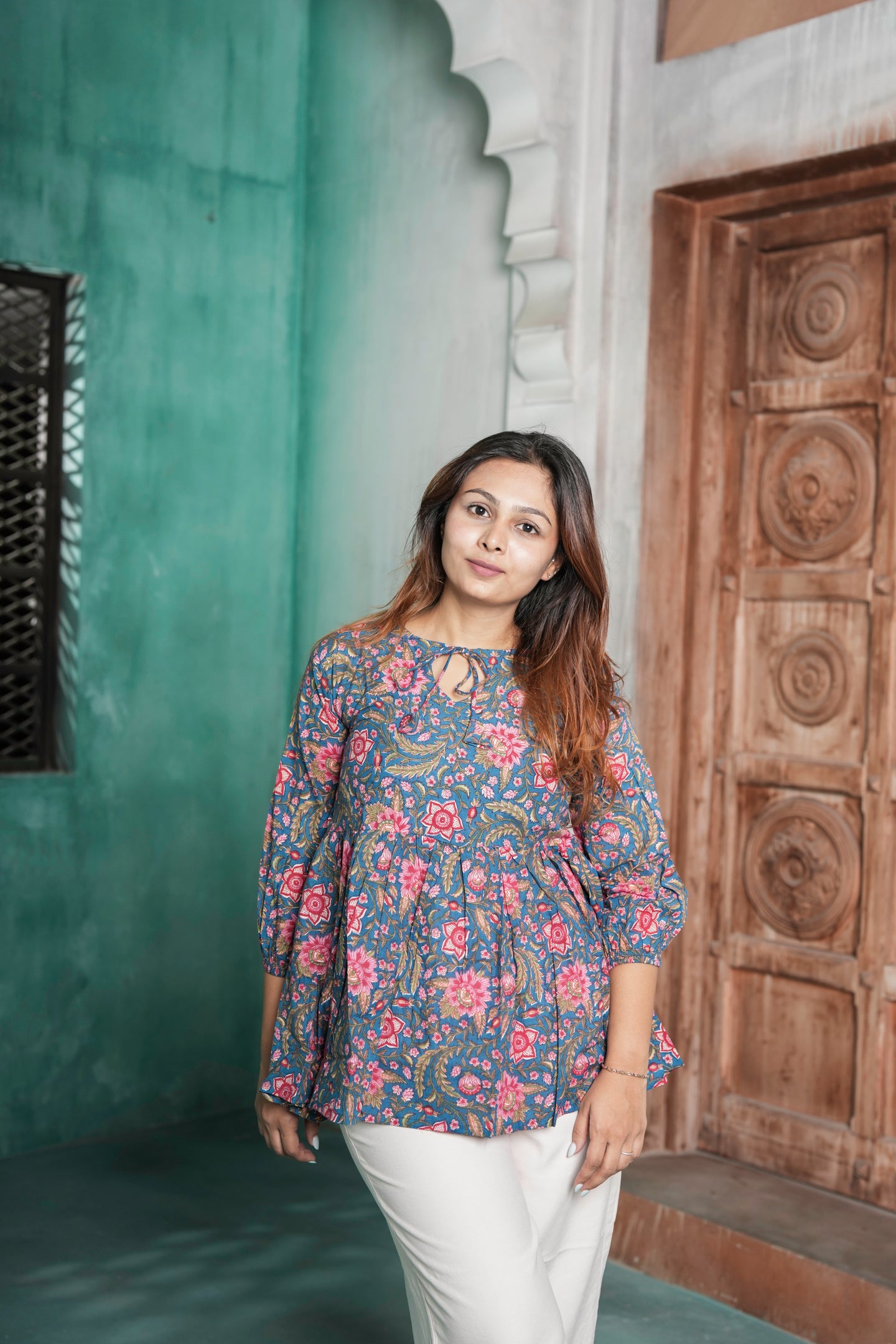Mishri Cotton Floral Printed Peplum Top for Women – Blue & Pink Ethnic Floral Design | Sizes S to XL