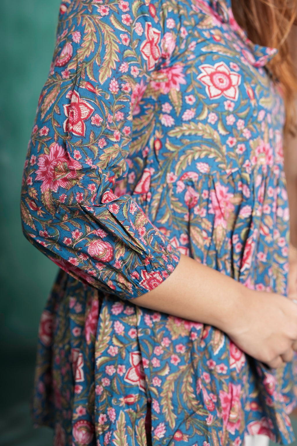 Mishri Cotton Floral Printed Peplum Top for Women – Blue & Pink Ethnic Floral Design | Sizes S to XL