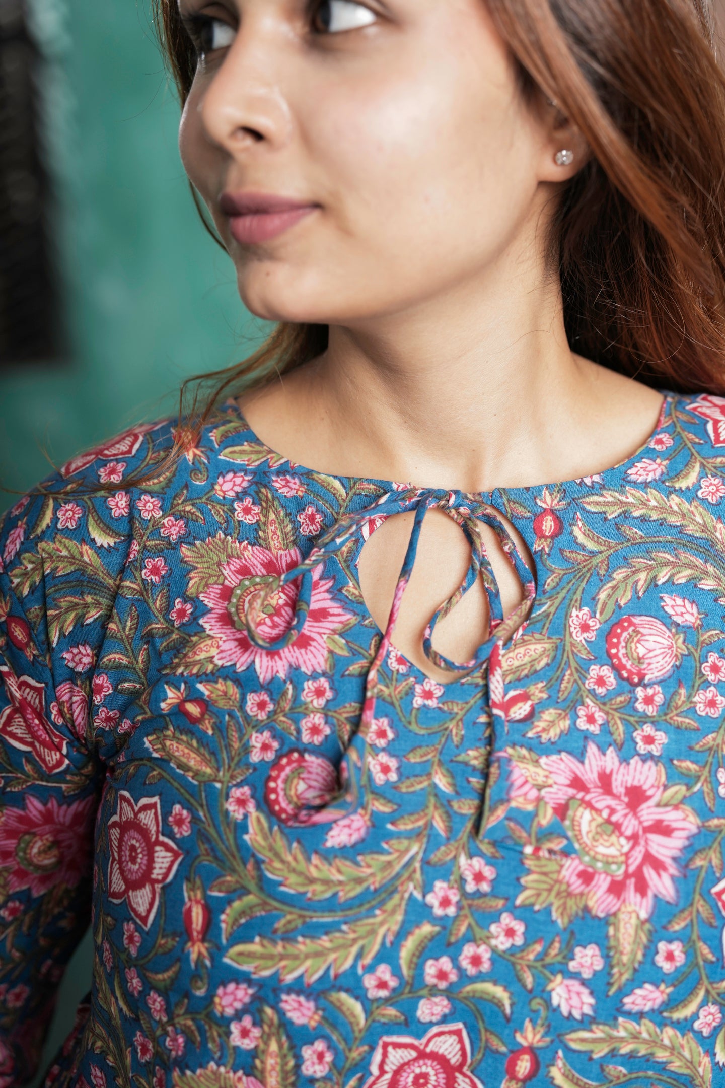 Mishri Cotton Floral Printed Peplum Top for Women – Blue & Pink Ethnic Floral Design | Sizes S to XL