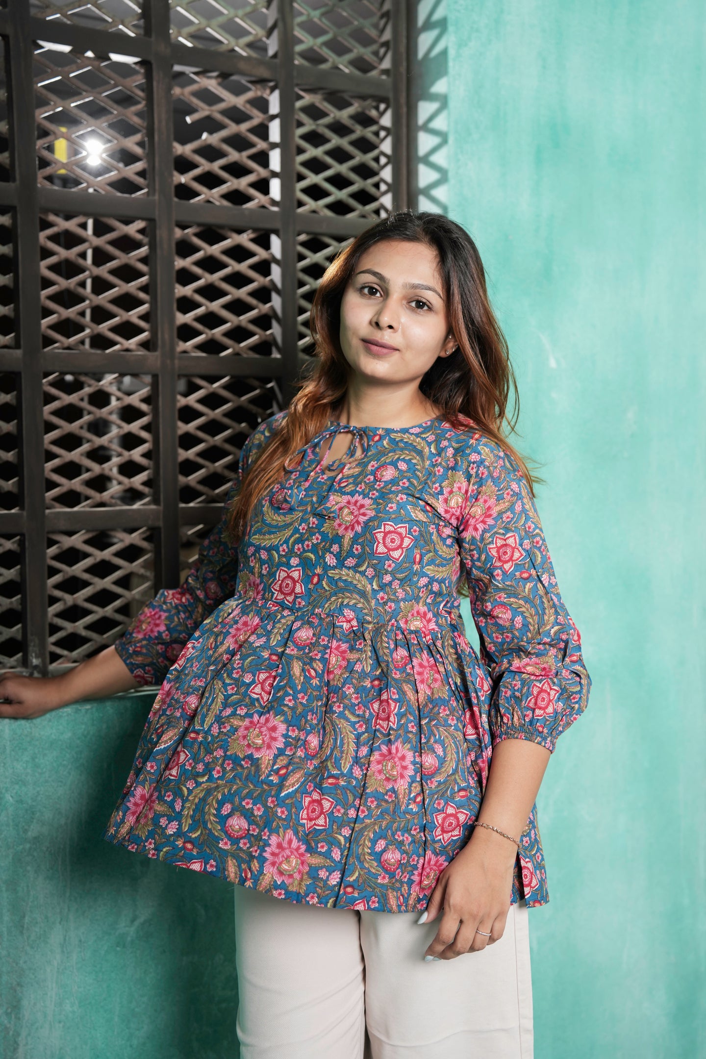 Mishri Cotton Floral Printed Peplum Top for Women – Blue & Pink Ethnic Floral Design | Sizes S to XL
