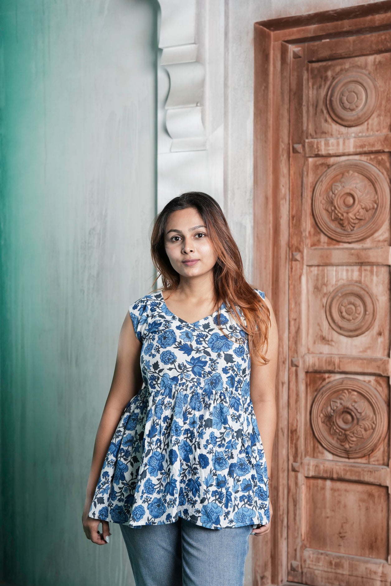Bloomé Cotton Floral Printed Peplum Top for Women – White & Blue Floral Design | Sizes M to 3XL