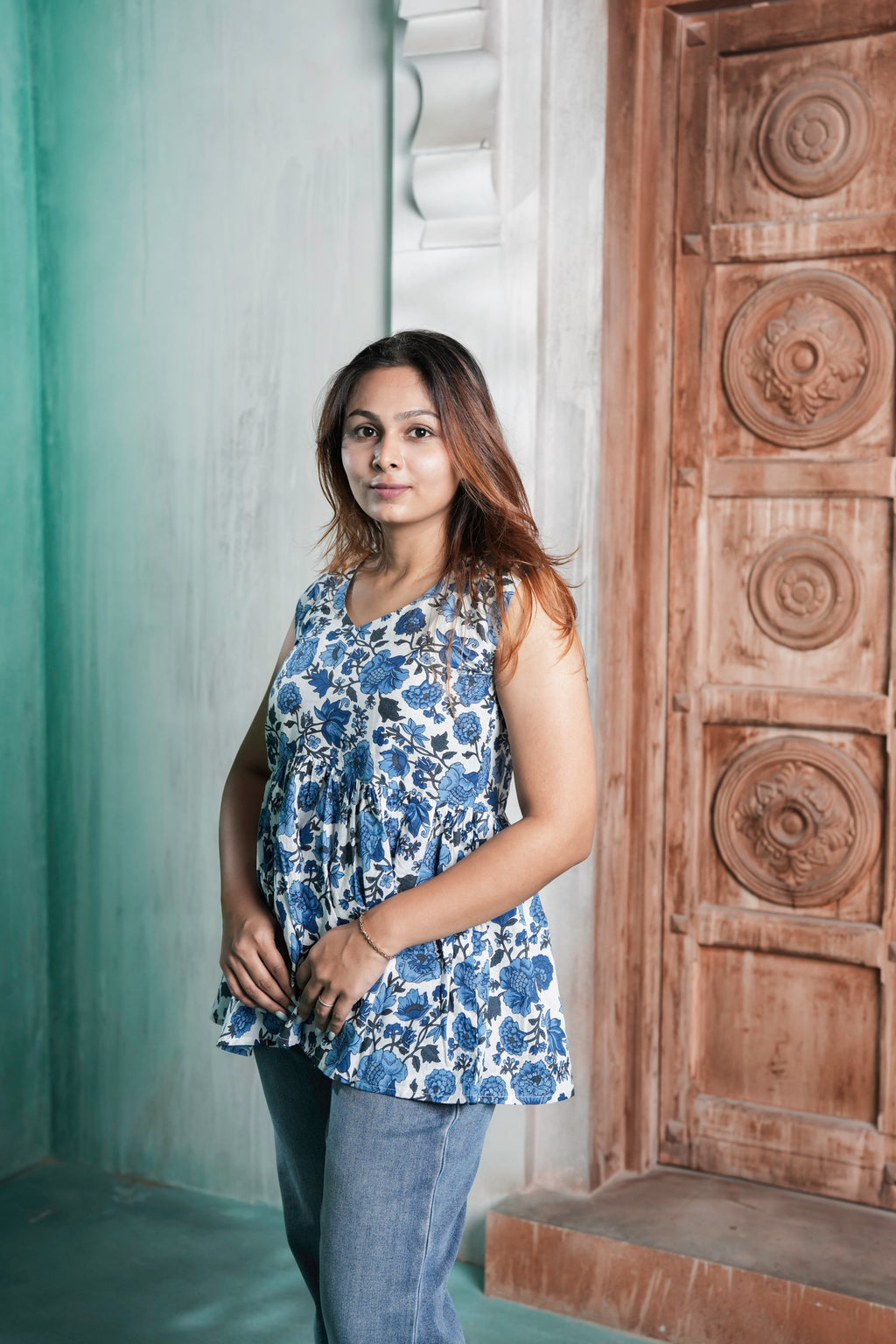 Bloomé Cotton Floral Printed Peplum Top for Women – White & Blue Floral Design | Sizes M to 3XL