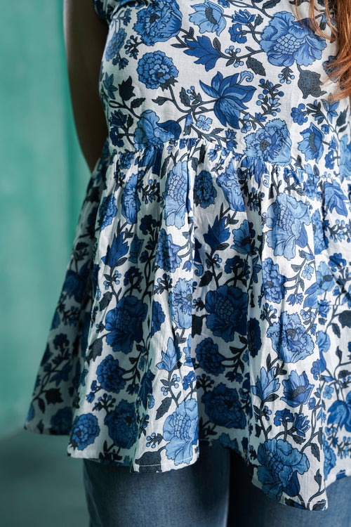 Bloomé Cotton Floral Printed Peplum Top for Women – White & Blue Floral Design | Sizes M to 3XL