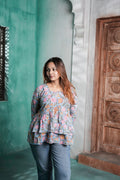 Gulzaar Cotton Floral Printed Tiered Peplum Top for Women – Pastel Blue Floral Design | Sizes S to XL