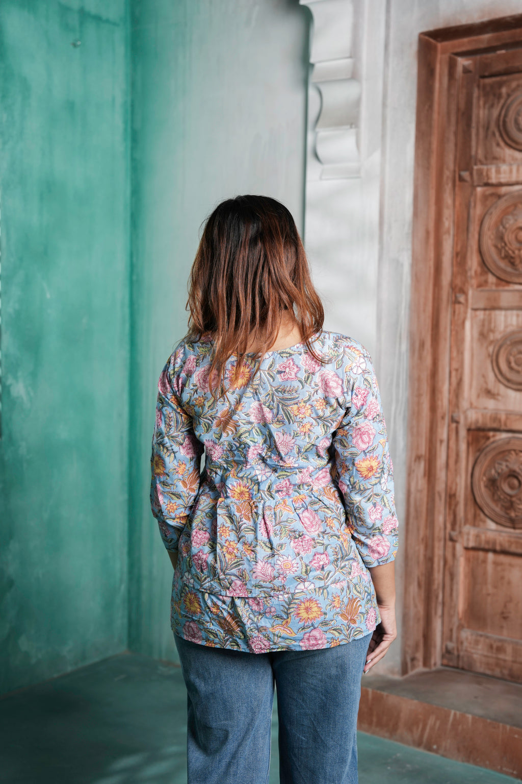 Gulzaar Cotton Floral Printed Tiered Peplum Top for Women – Pastel Blue Floral Design | Sizes S to XL