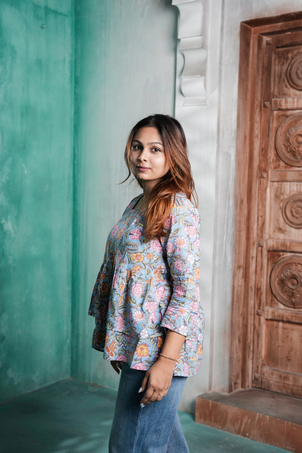 Gulzaar Cotton Floral Printed Tiered Peplum Top for Women – Pastel Blue Floral Design | Sizes S to XL