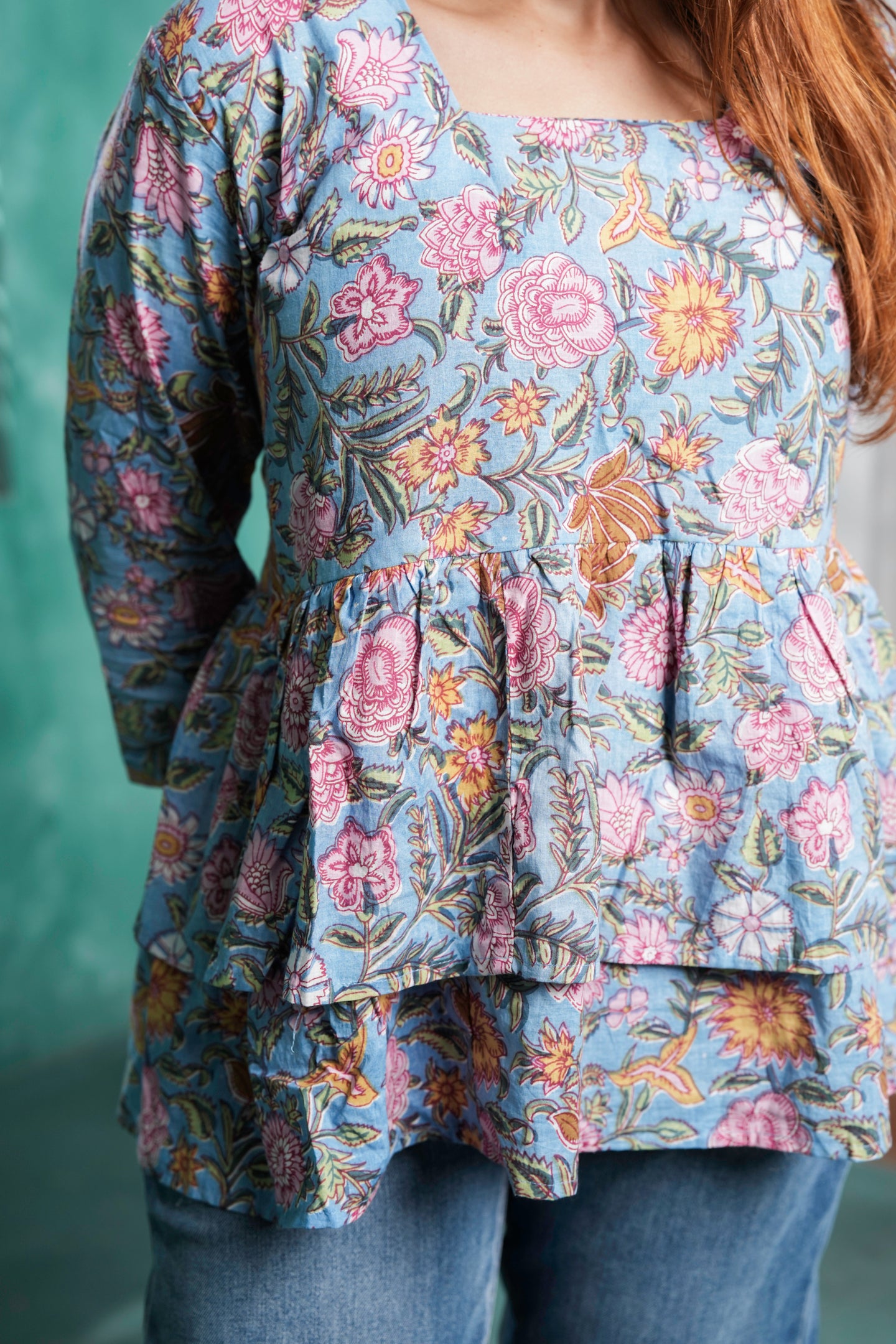 Gulzaar Cotton Floral Printed Tiered Peplum Top for Women – Pastel Blue Floral Design | Sizes S to XL
