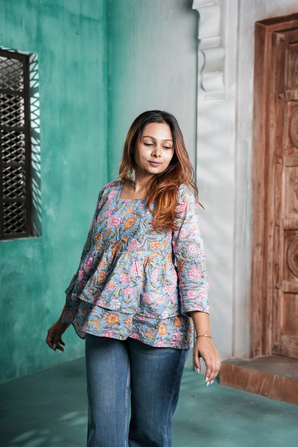 Gulzaar Cotton Floral Printed Tiered Peplum Top for Women – Pastel Blue Floral Design | Sizes S to XL