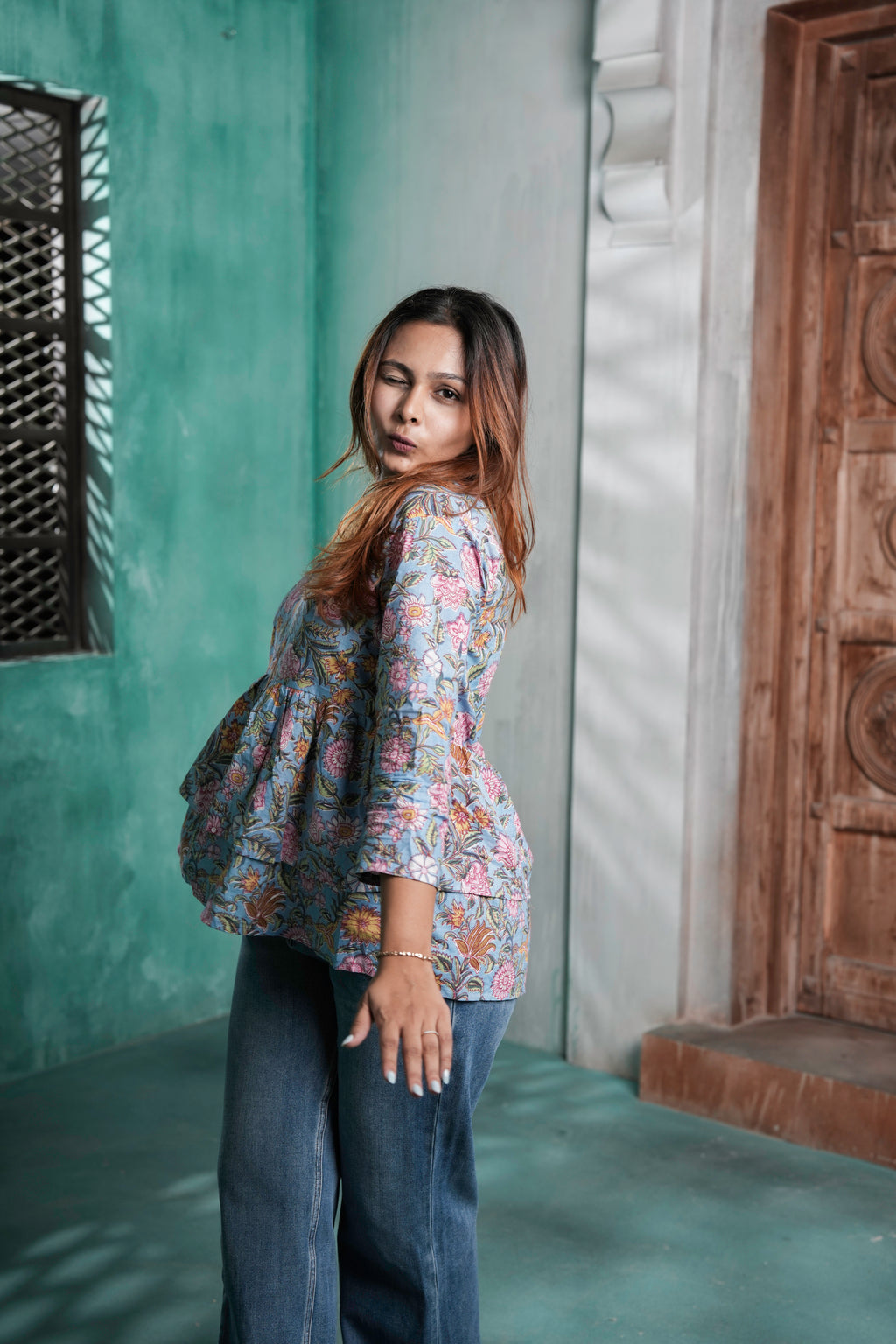 Gulzaar Cotton Floral Printed Tiered Peplum Top for Women – Pastel Blue Floral Design | Sizes S to XL