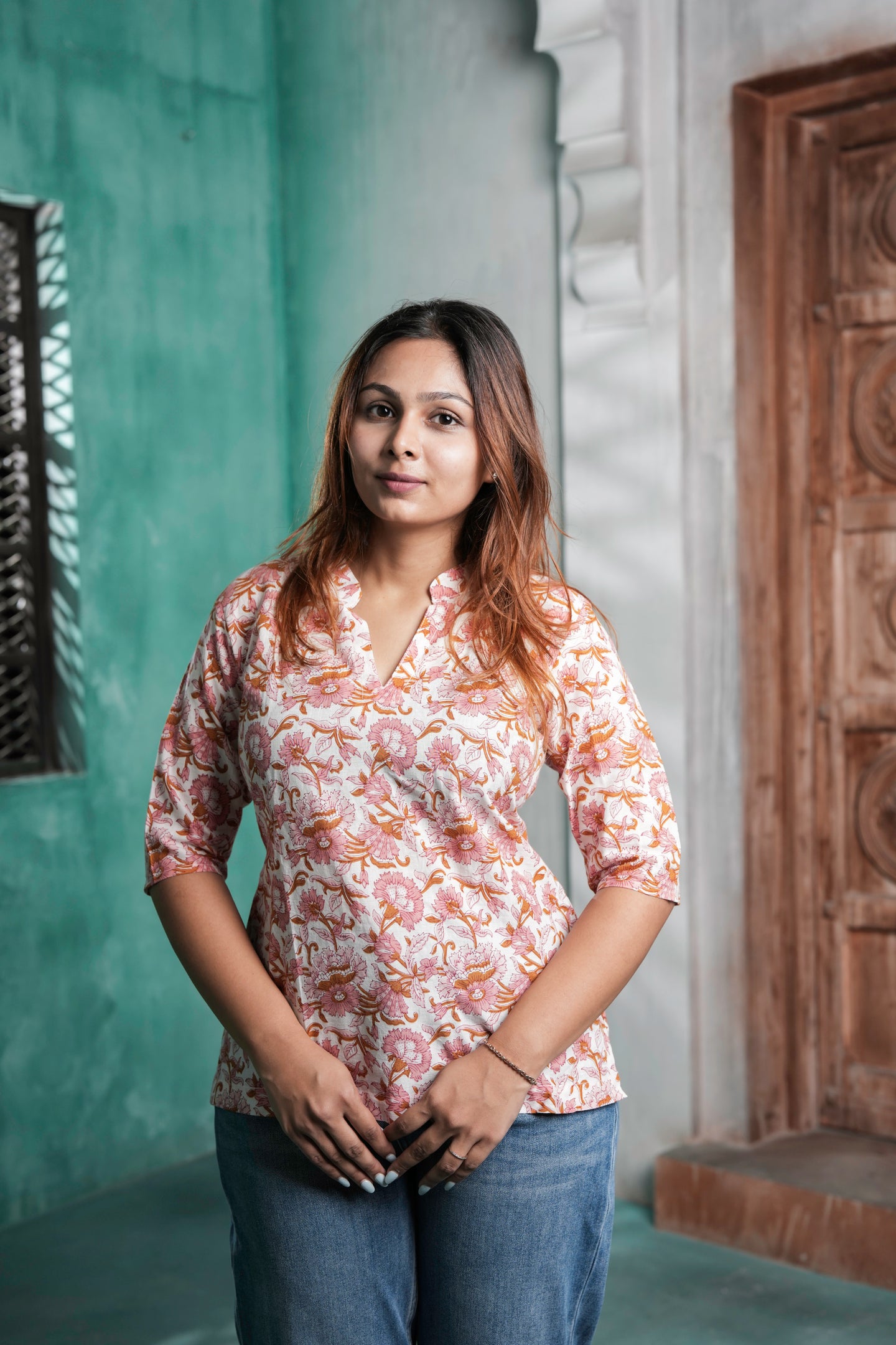 Roohi Cotton Floral Printed Short Kurti for Women – White & Pink Floral Design | Sizes M to 3XL