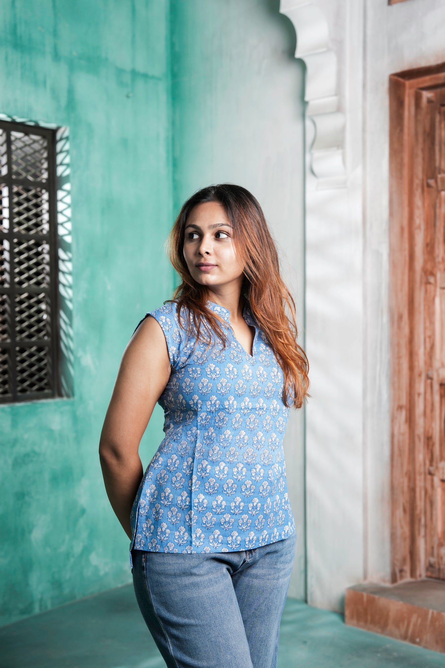 Pihu Cotton Printed Short Kurti for Women – Blue Floral Design | Sizes M to 3XL