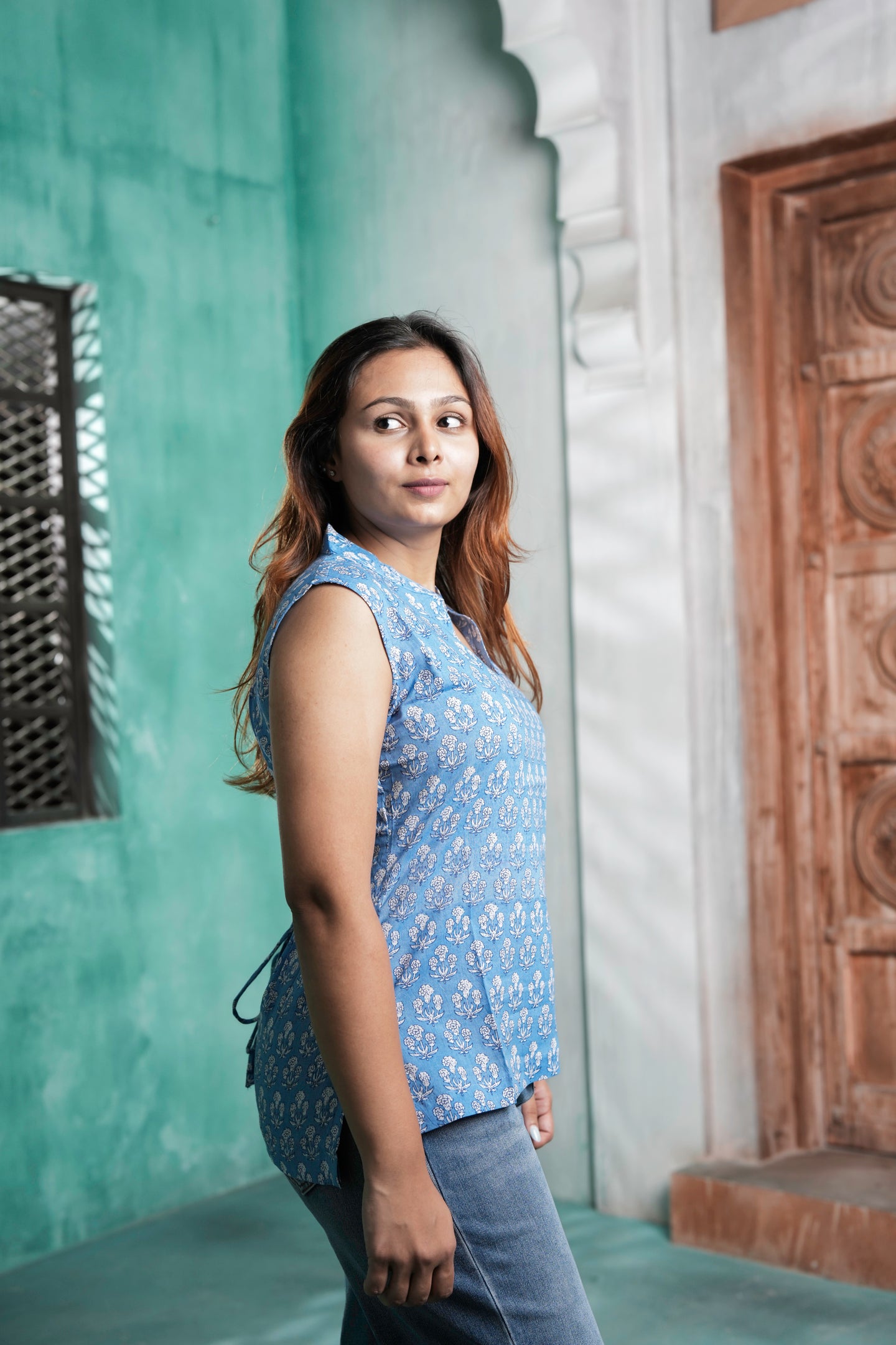 Pihu Cotton Printed Short Kurti for Women – Blue Floral Design | Sizes M to 3XL