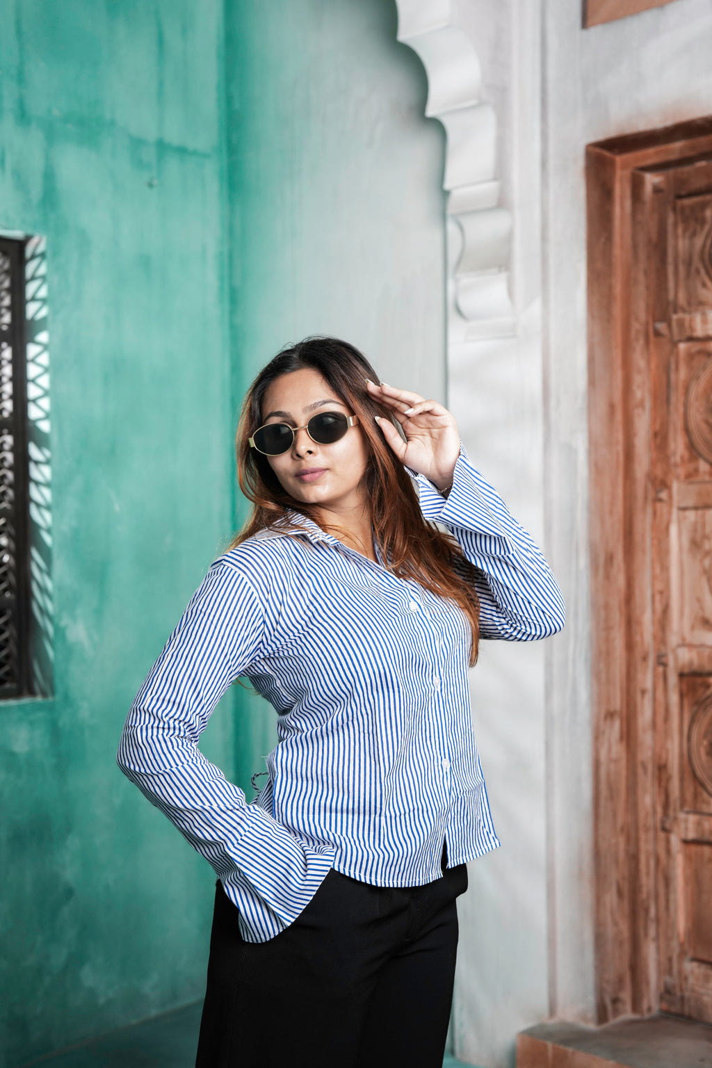 Blue Bell Cotton Striped Shirt for Women – White & Blue Vertical Stripe Design | Sizes S to 2XL