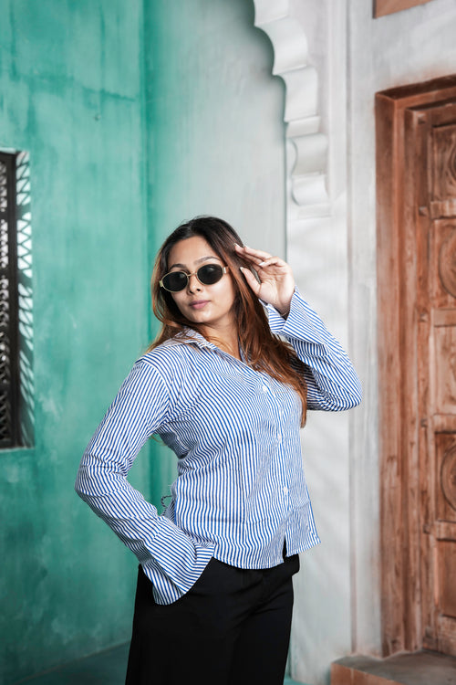 Blue Bell Cotton Striped Shirt for Women – White & Blue Vertical Stripe Design | Sizes S to 2XL