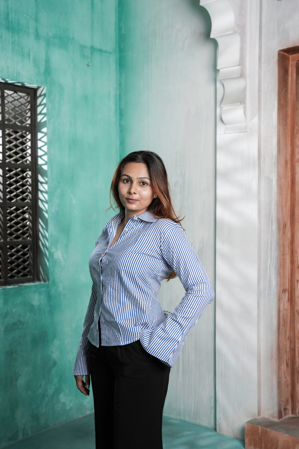 Blue Bell Cotton Striped Shirt for Women – White & Blue Vertical Stripe Design | Sizes S to 2XL