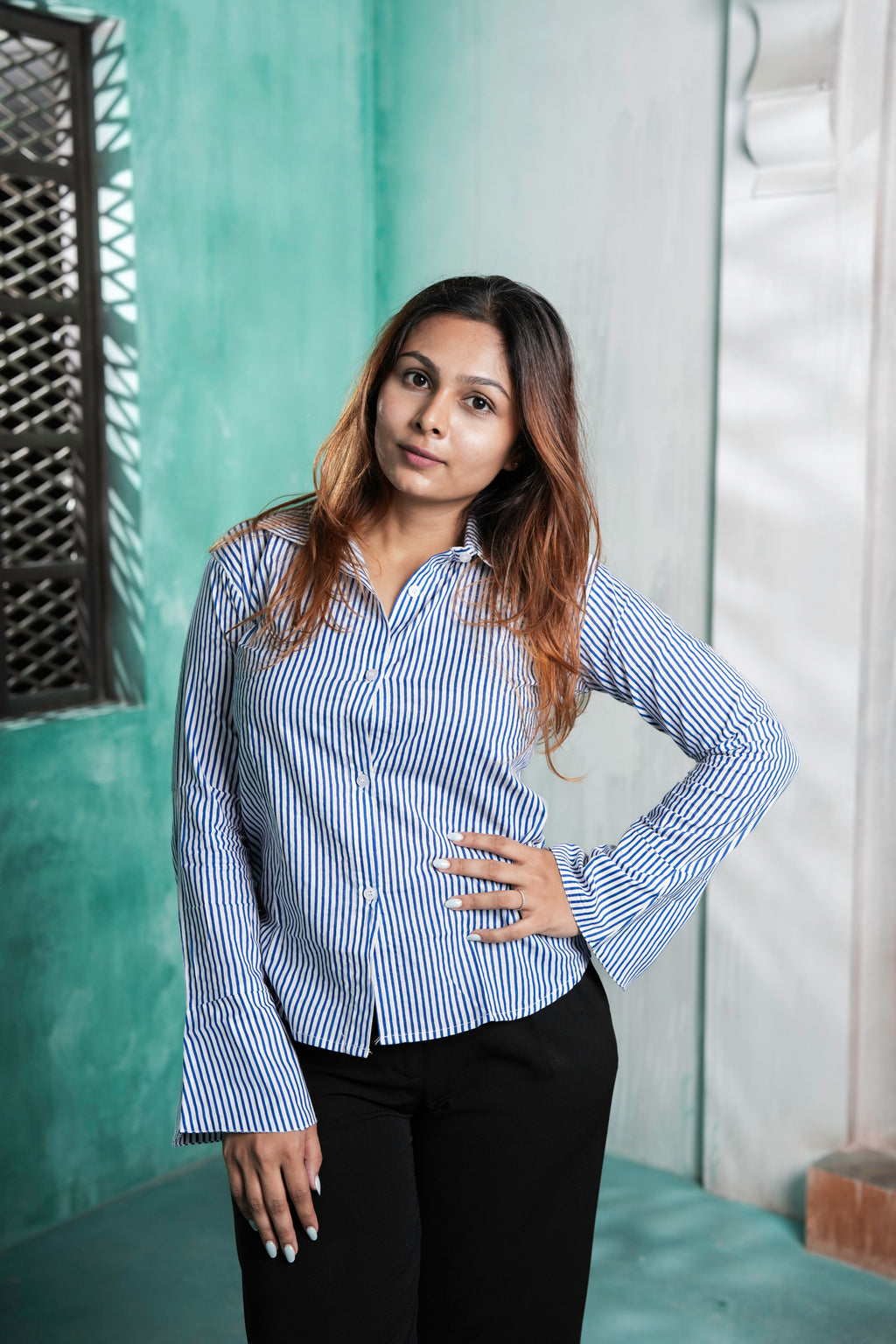 Blue Bell Cotton Striped Shirt for Women – White & Blue Vertical Stripe Design | Sizes S to 2XL